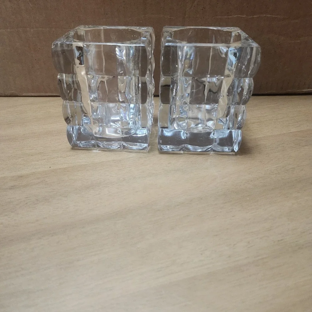 2-Towle Heavy Modern art deco Cubist Crystal table Vase ,Candle, make-up brush